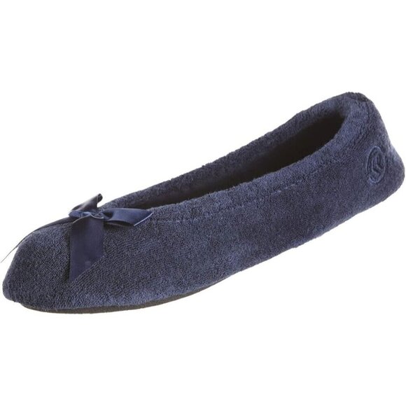 Isotoner Women's Terry Classic Ballerina Slippers Ribbon NEW M 6.5-7.5 Navy - Picture 1 of 6